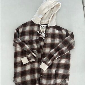 American Eagle Outfitters Brown Plaid Shirt with Cream Hood
